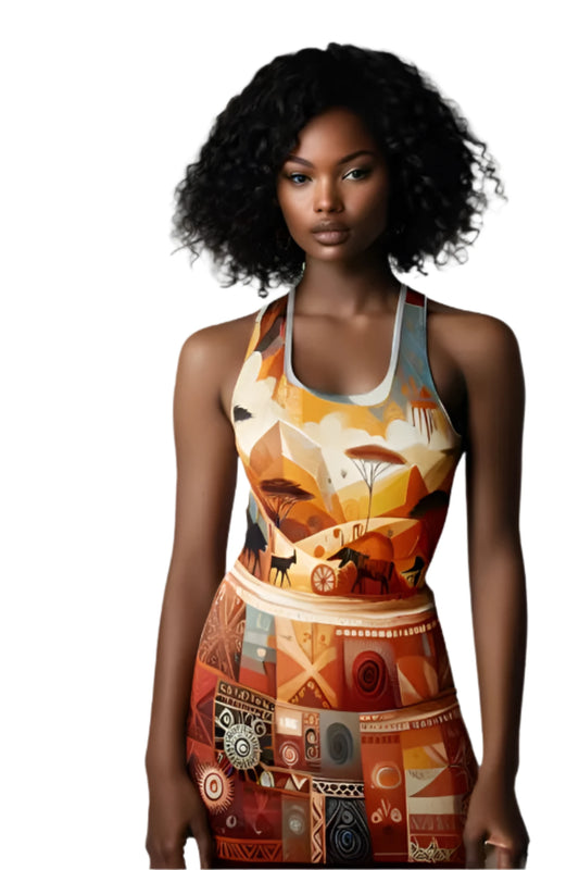 African abstract racerback dress featuring warm earth tones and geometric patterns