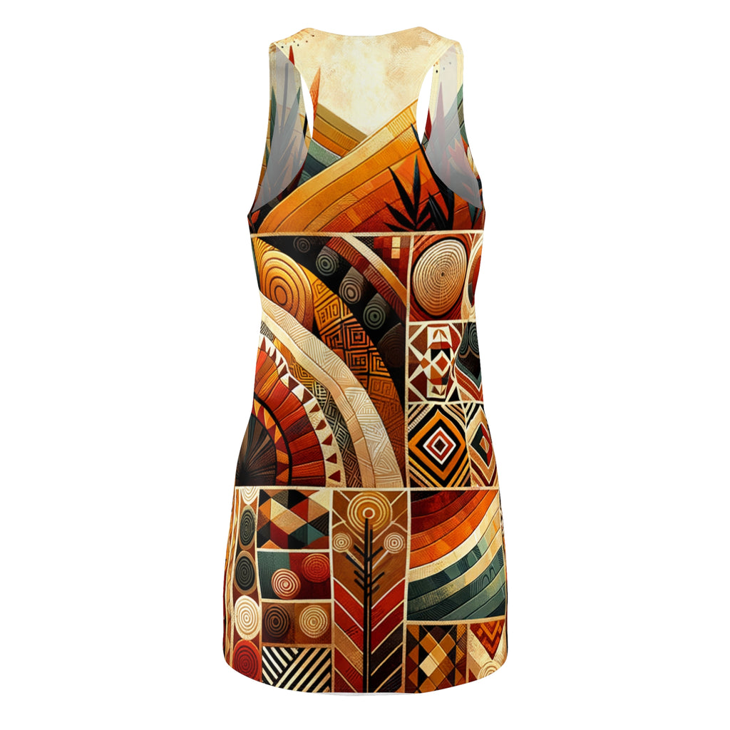 African inspired racerback dress with vibrant geometric and tribal patterns in warm earth tones