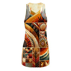 African inspired racerback dress with vibrant geometric and tribal patterns in warm earth tones