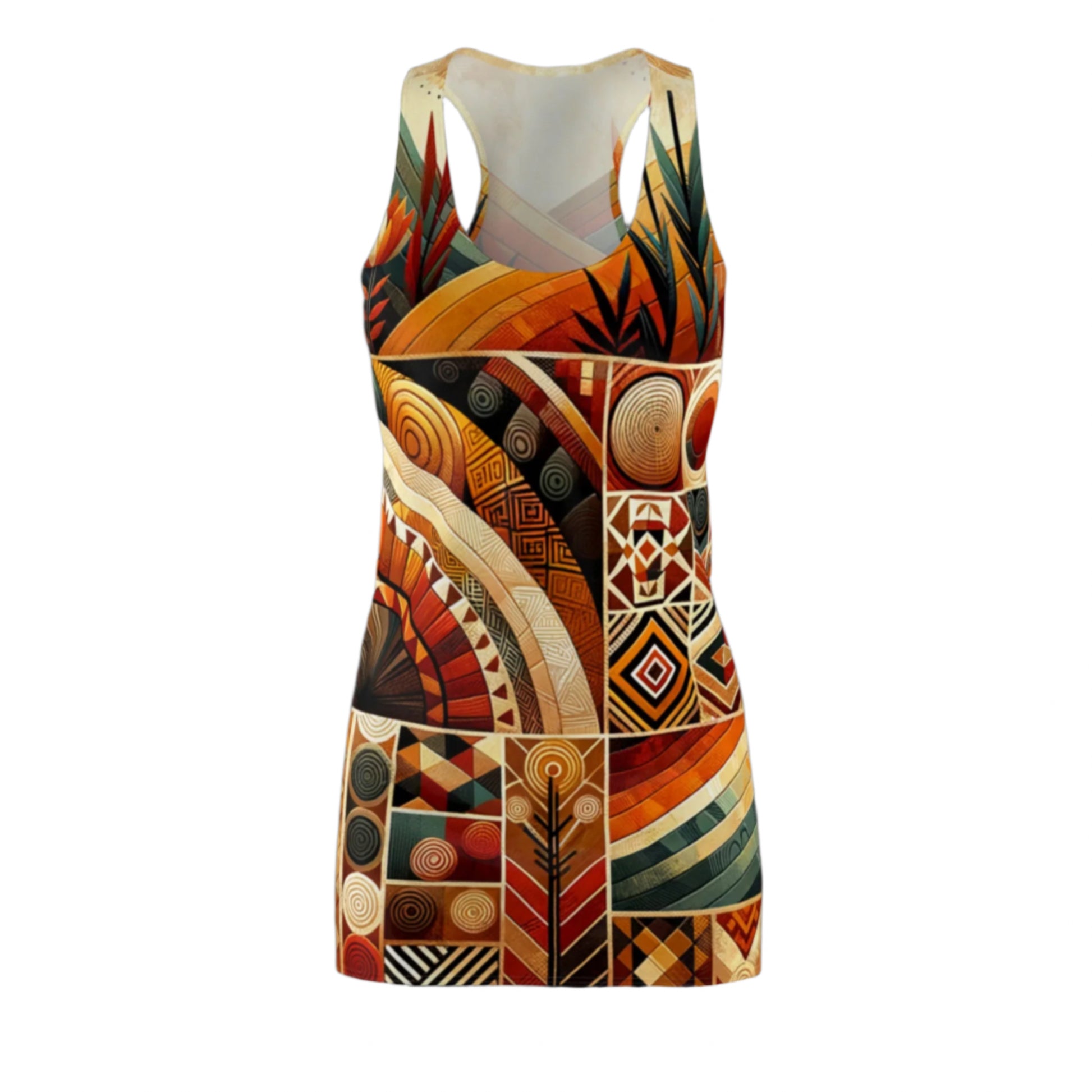 African inspired racerback dress with colorful geometric and tribal patterns