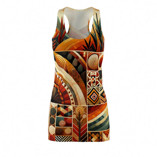 African inspired racerback dress with colorful geometric and tribal patterns
