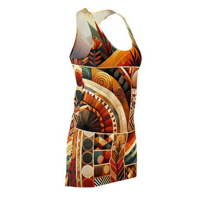 African inspired racerback dress with vibrant geometric and tribal patterns in warm colors