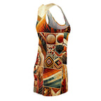  African inspired racerback dress with vibrant geometric and tribal patterns in warm colors