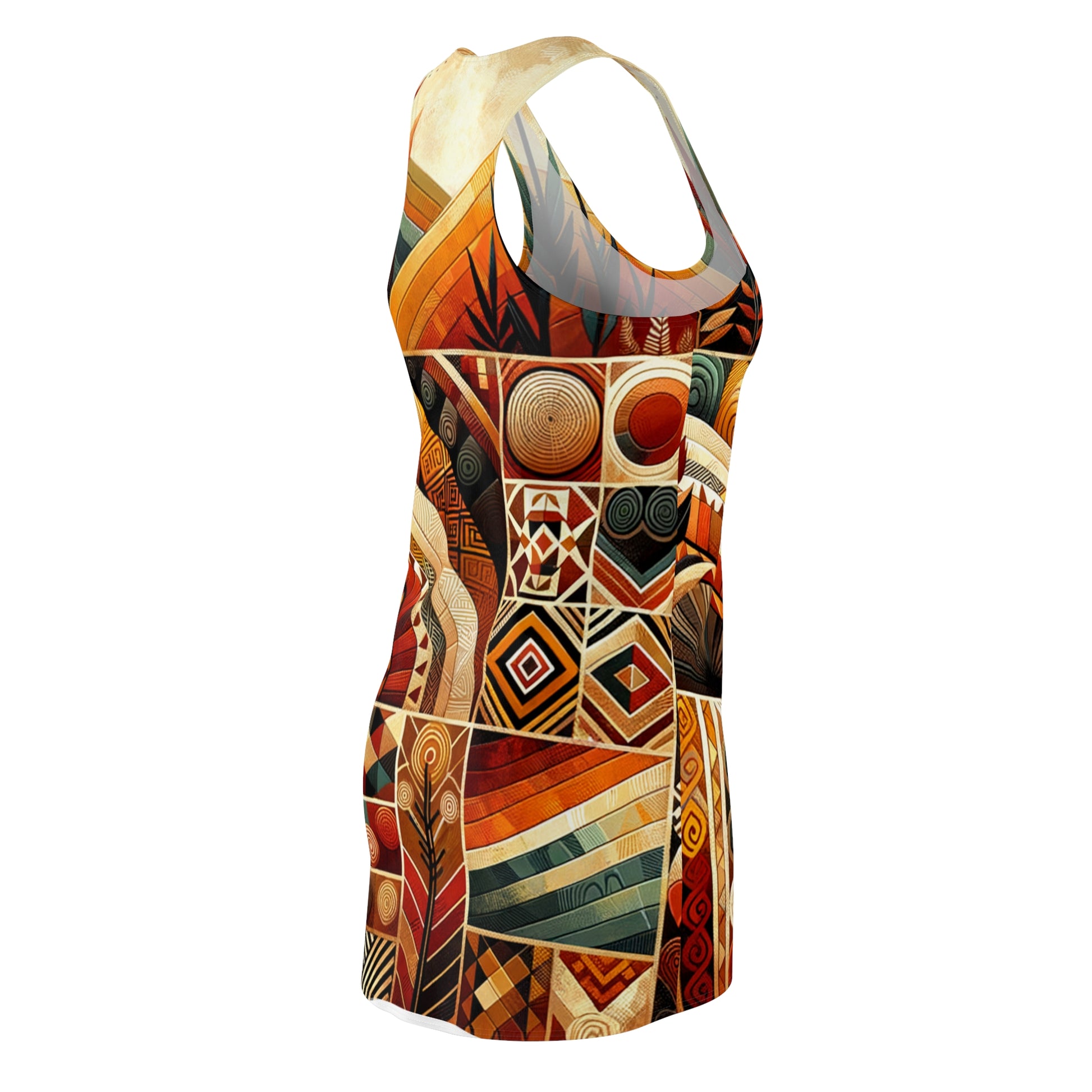  African inspired racerback dress with vibrant geometric and tribal patterns in warm colors