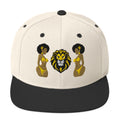 LuckeLadybug African lion snapback hat with embroidered lion face and two women in yellow bikinis