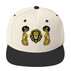 LuckeLadybug African lion snapback hat with embroidered lion face and two women in yellow bikinis