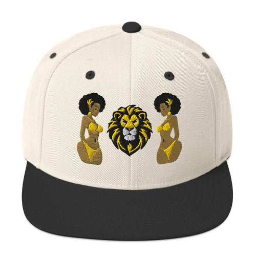 LuckeLadybug African lion snapback hat with embroidered lion face and two women in yellow bikinis