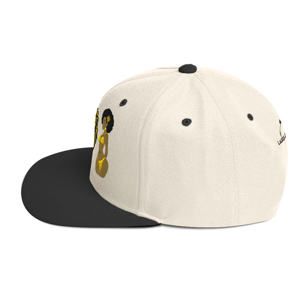 LuckeLadybug African lion snapback hat with beige crown and black flat brim