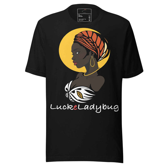 Black African pride t-shirt by LuckeLadybug featuring profile of woman with headwrap and gold hoop earrings