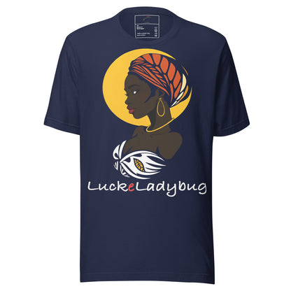 LuckeLadybug African pride t-shirt featuring a woman with a headwrap and gold hoop earrings on navy