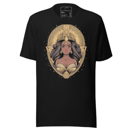 Black Printful African princess t-shirt featuring a detailed gold crown and jewelry design