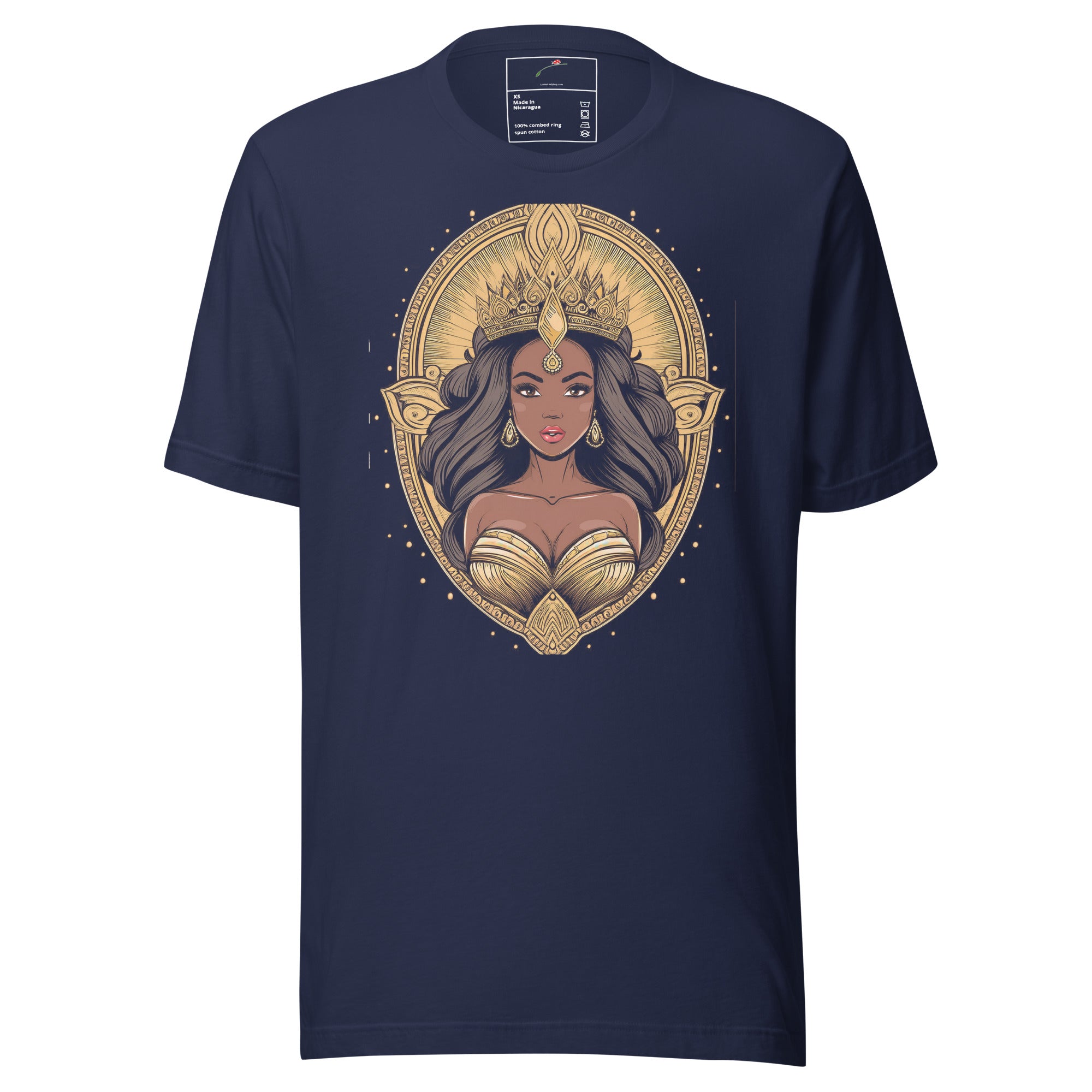 Printful navy African princess t-shirt featuring a detailed golden crown and elegant design