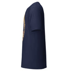 Side view of navy blue African princess t-shirt by Printful with short sleeves and graphic print