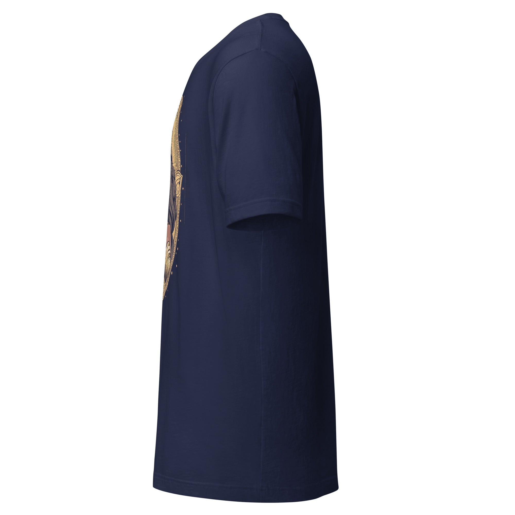 Side view of navy blue African princess t-shirt by Printful with short sleeves and graphic print