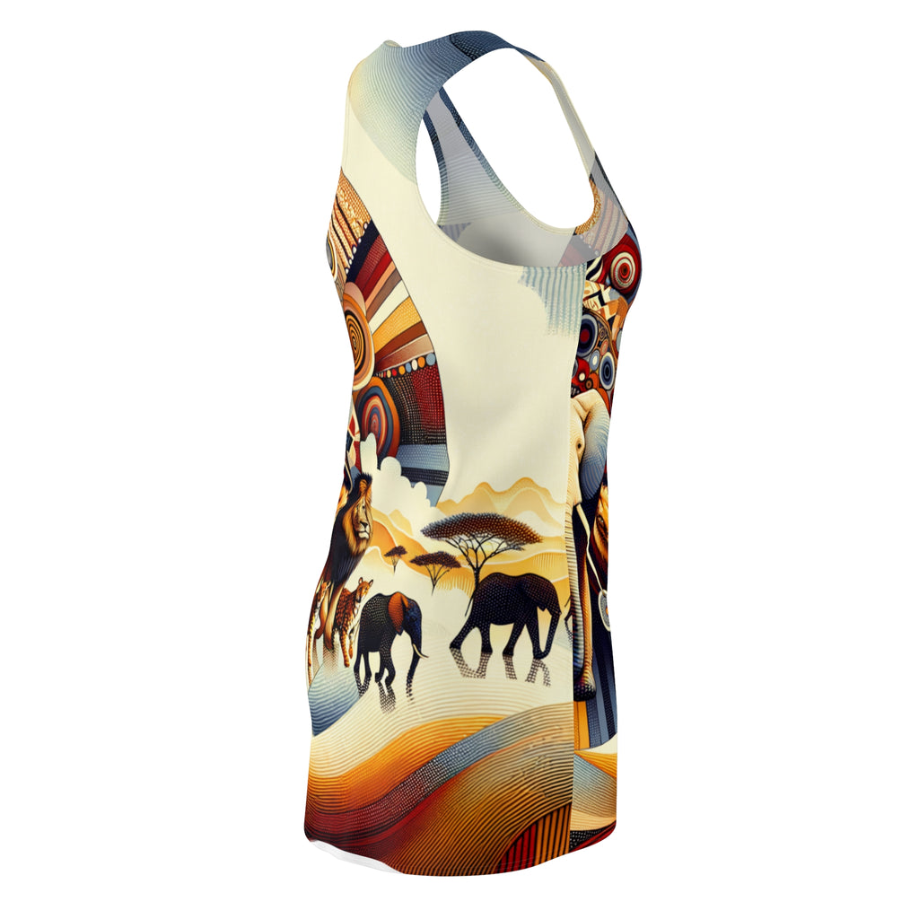 African style racerback dress with vibrant safari and elephant print in warm earth tones