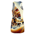 African style racerback dress featuring vibrant wildlife and geometric patterns by luckeladybug