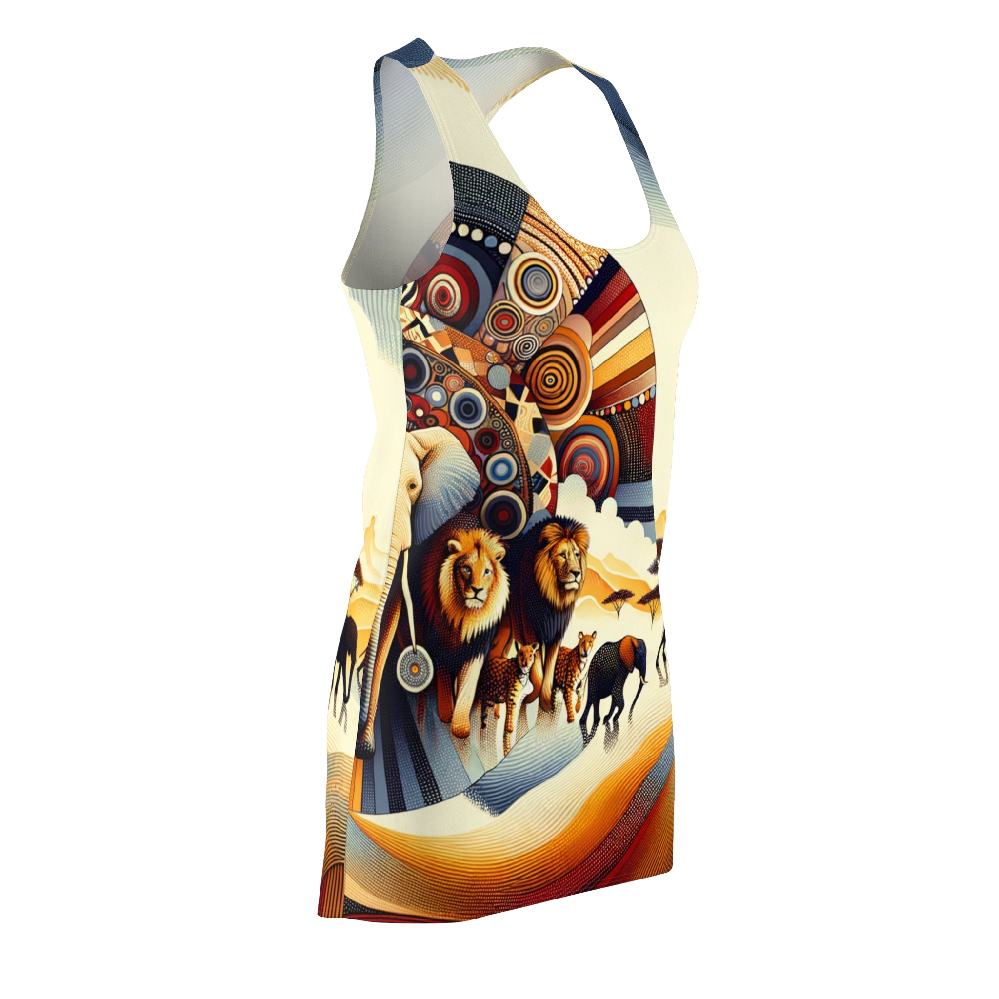 African style racerback dress featuring vibrant animal and abstract patterns with lions and colorful circular designs