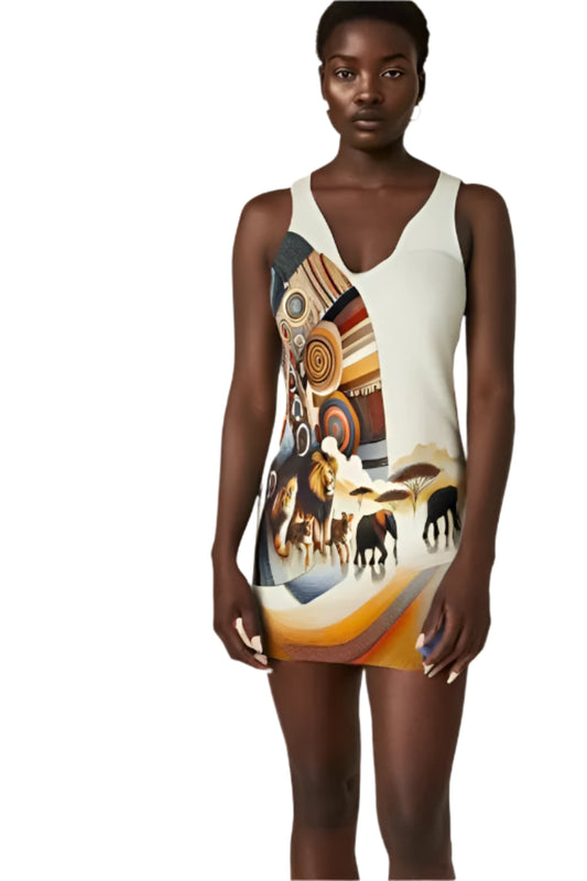 African style racerback dress featuring vibrant wildlife and tribal patterns on a sleeveless bodycon design