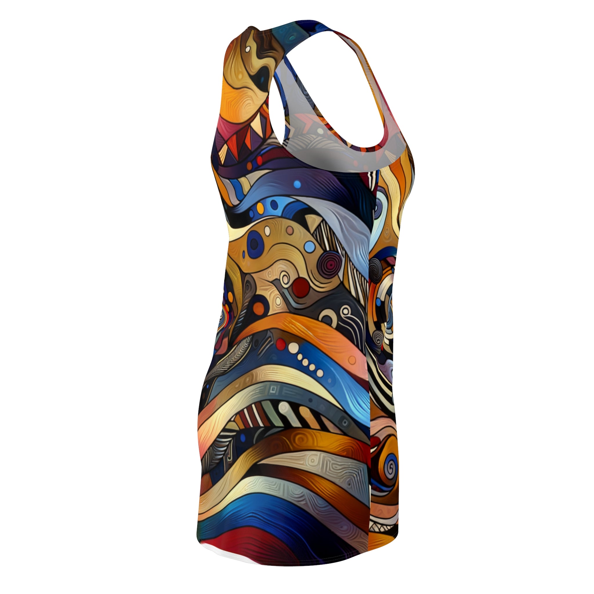 LuckeLadybug racerback dress featuring vibrant abstract patterns in African style summer dress design