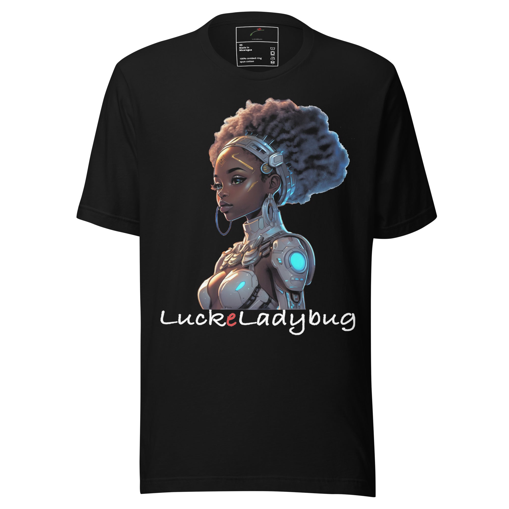 Black Afrofuturism fashion t-shirt by LuckeLadybug LLC featuring a futuristic woman with afro hairstyle