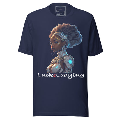 LuckeLadybug LLC Afrofuturism fashion t-shirt with futuristic black woman design on navy blue tee