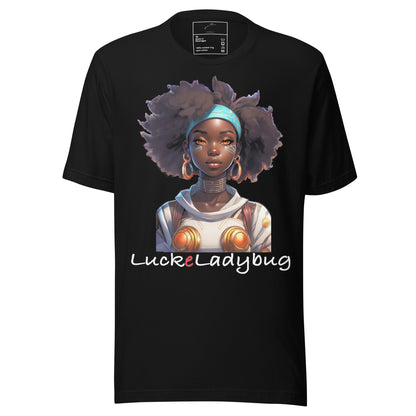 Black Afrofuturism streetwear tee featuring futuristic portrait of woman with afro and headband