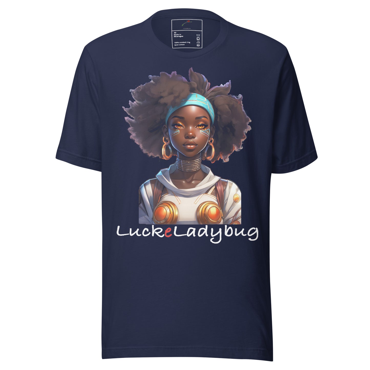 Navy Afrofuturism streetwear tee featuring a futuristic woman with afro hair and metallic accessories
