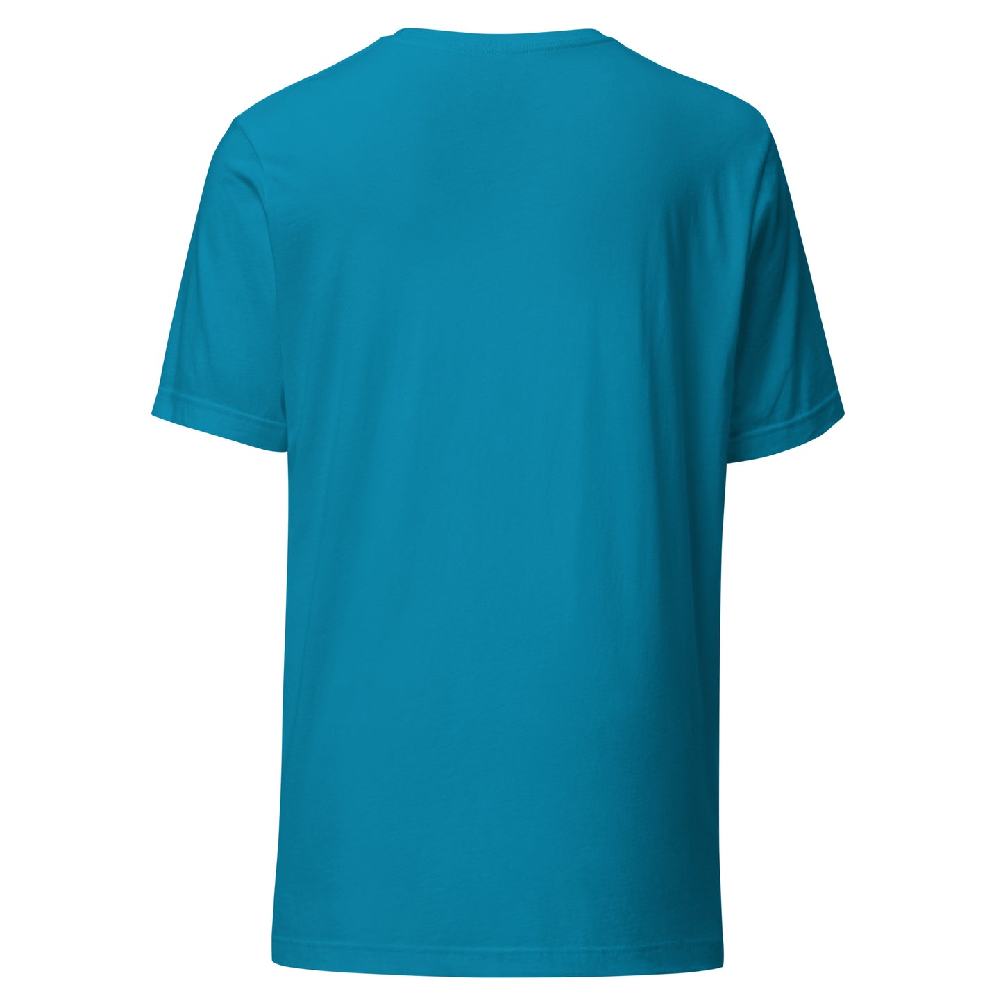 Back view of blue AI powered coffee t shirt by LuckeLadybug with short sleeves and crew neck