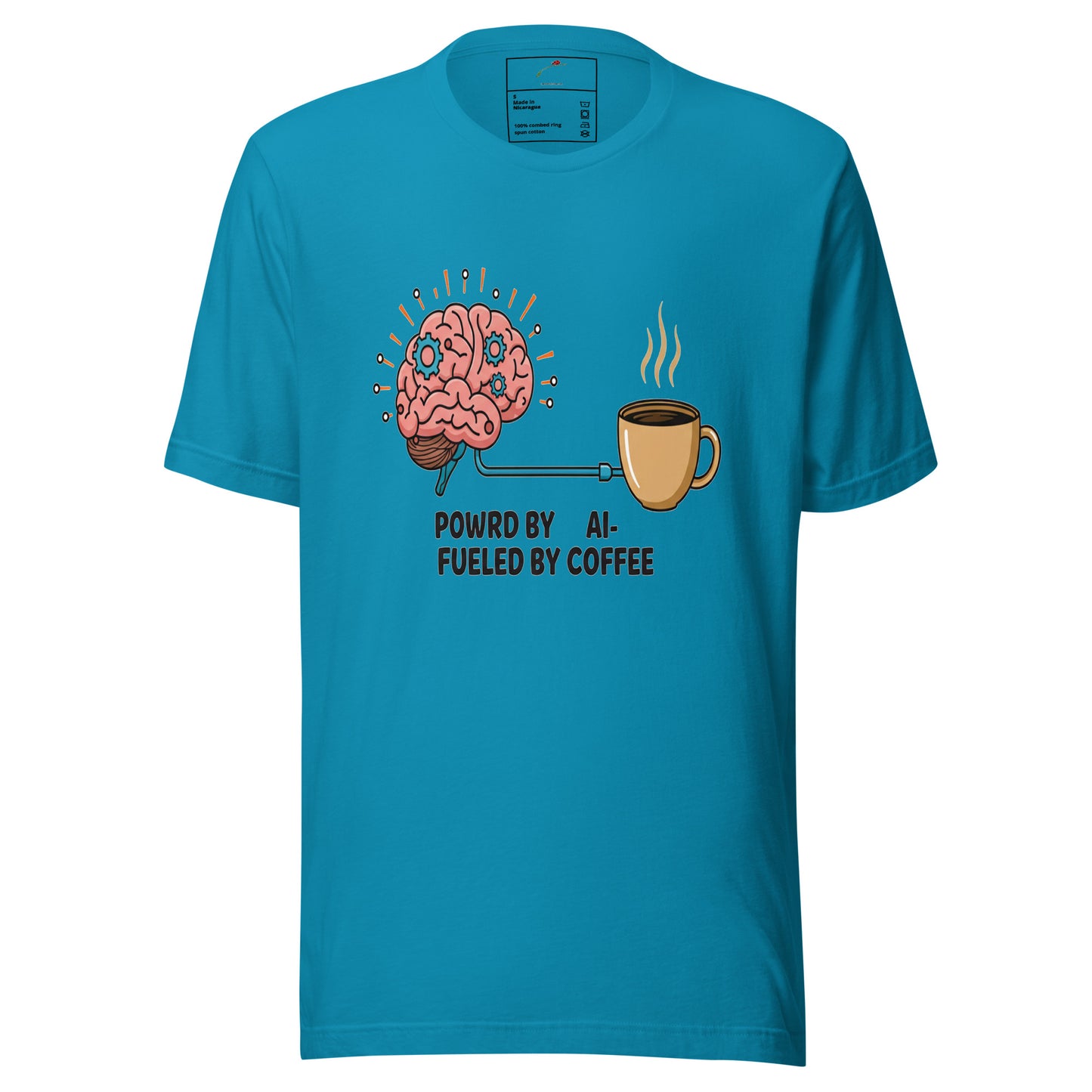 LuckeLadybug AI powered coffee t shirt in blue with brain and coffee cup graphic