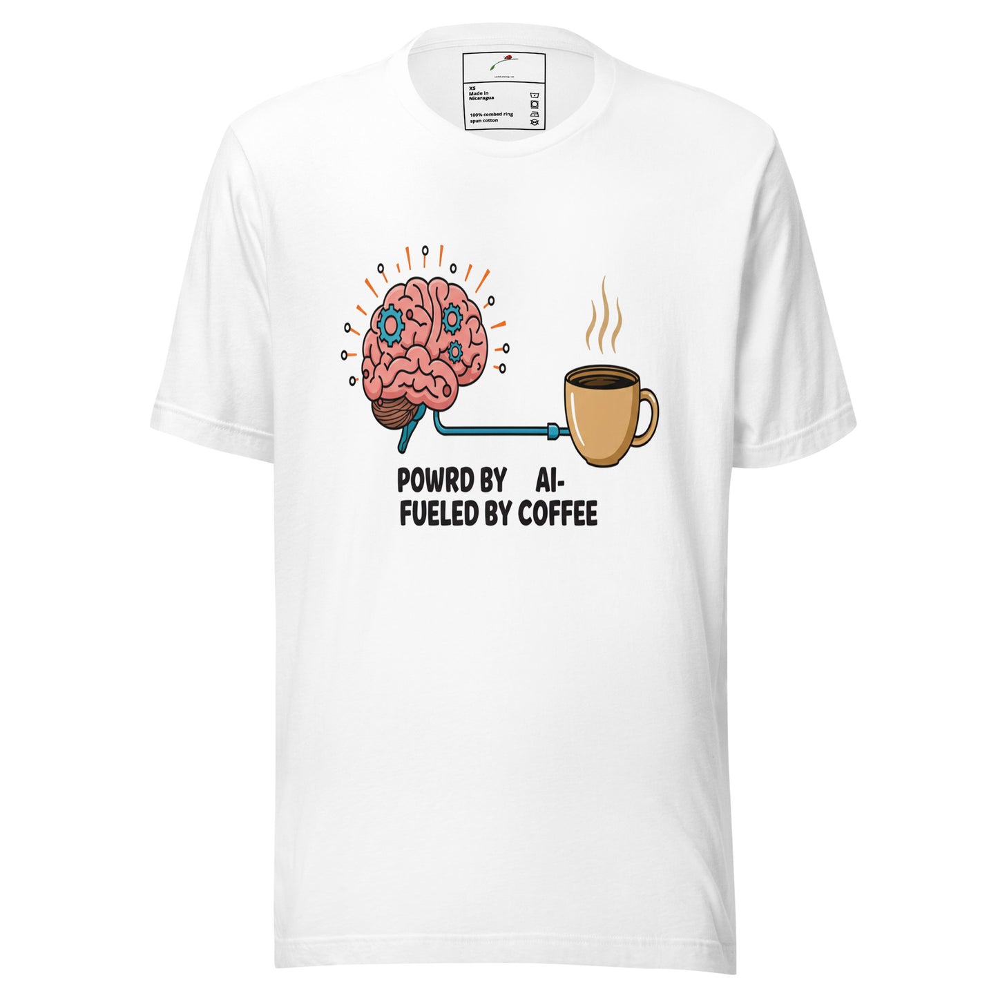 White LuckeLadybug AI powered coffee t shirt with brain and coffee cup graphic and text design