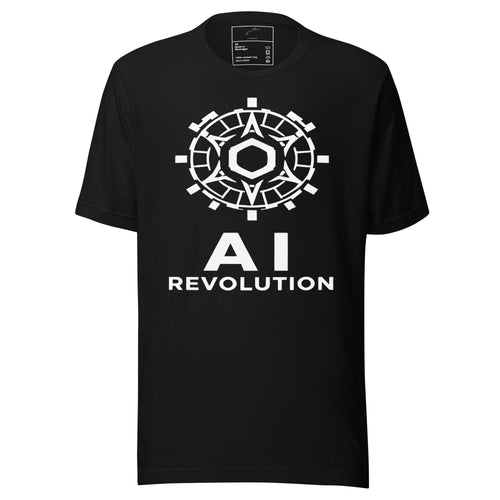 Black AI revolution t-shirt with white futuristic circuit design and bold text