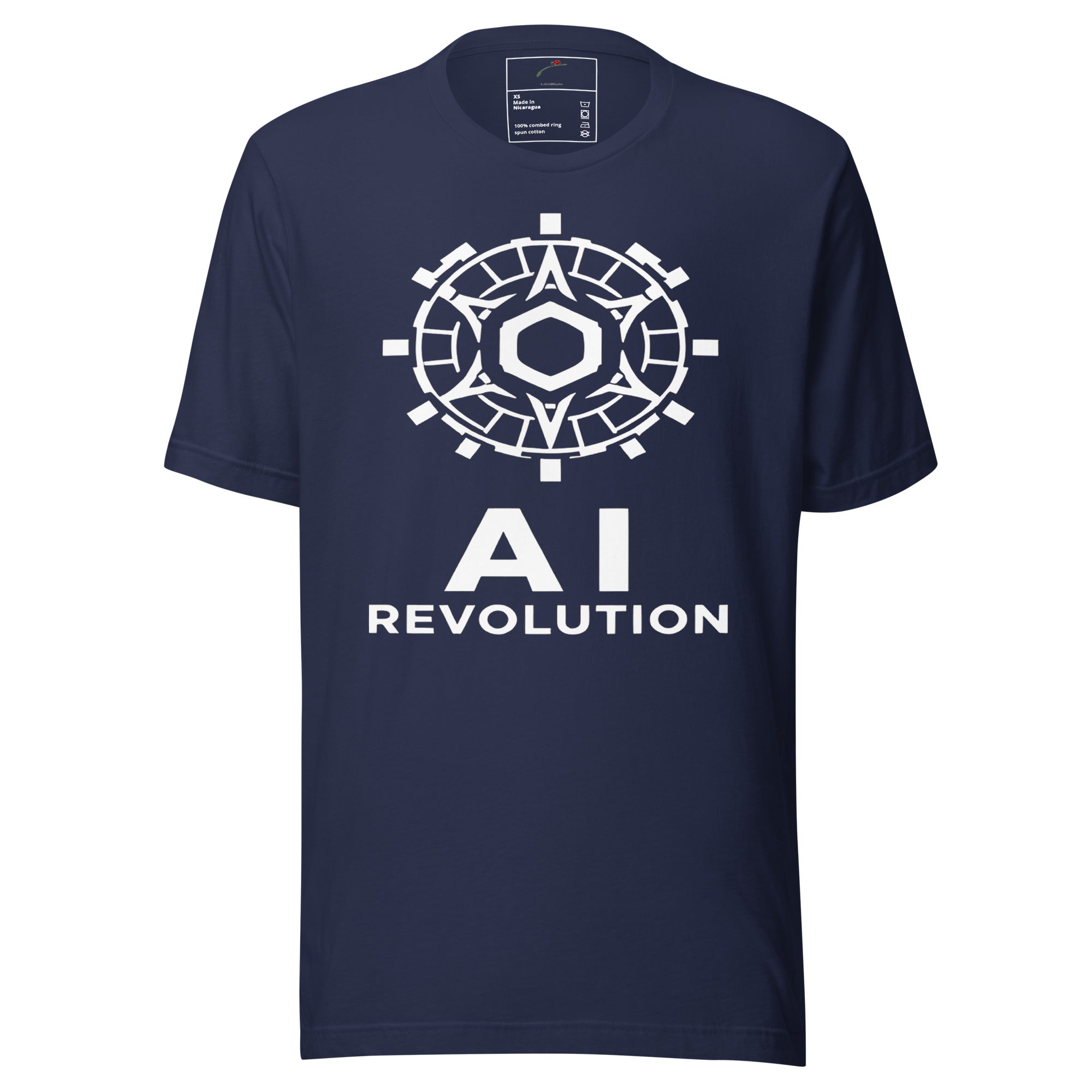 Navy blue AI revolution t-shirt with white futuristic gear design and text on front