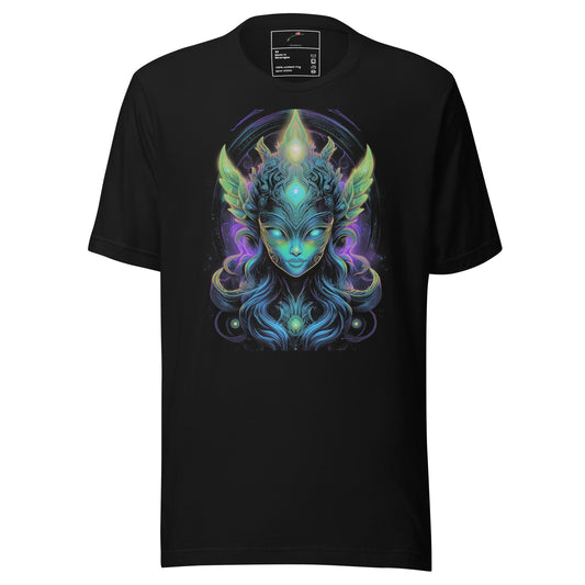 Black LuckeLadybug t-shirt featuring a colorful alien art streetwear shirt design with an ethereal alien face