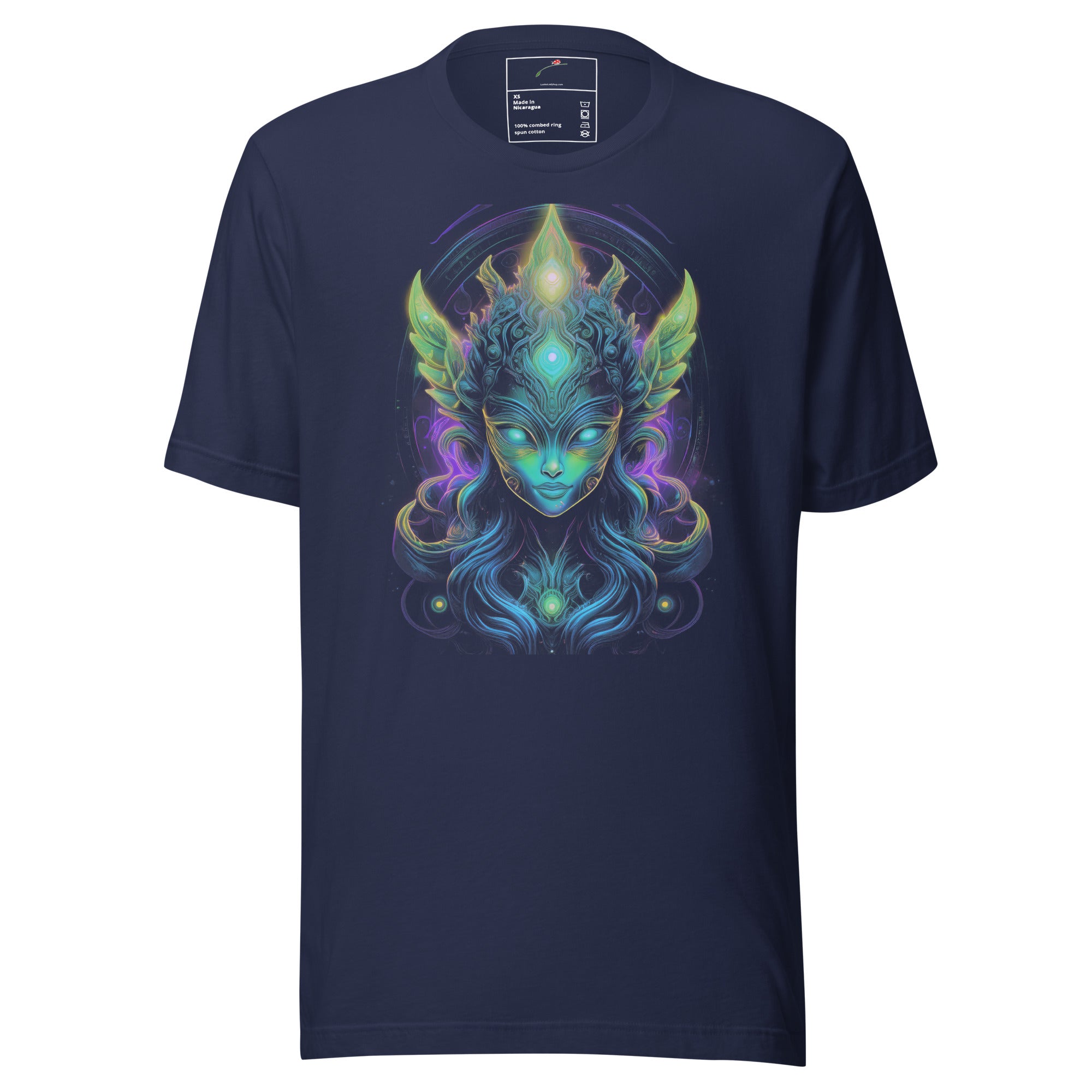 LuckeLadybug navy alien art streetwear shirt featuring a glowing mystical alien face design