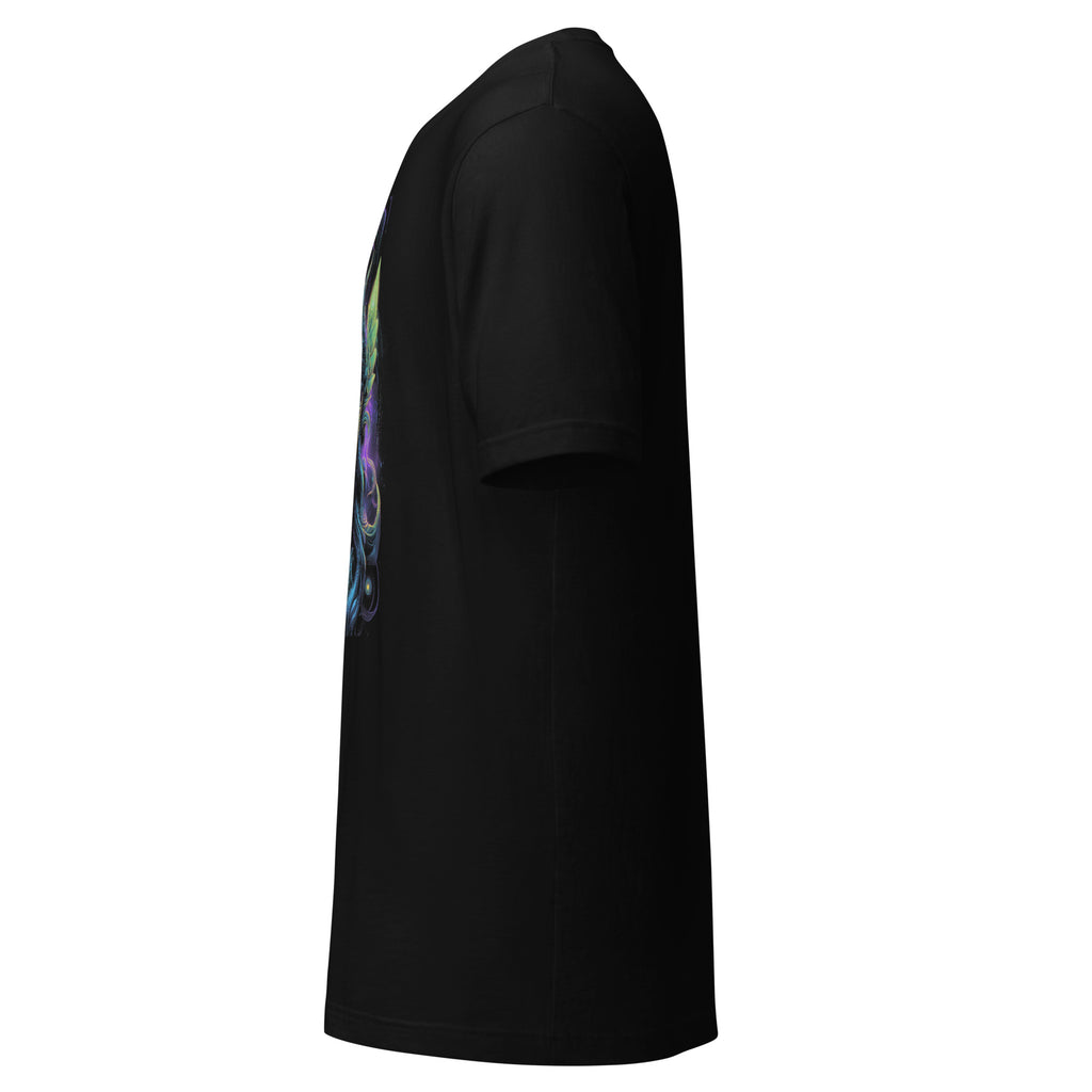 Black T-shirt by LuckeLadybug showcasing alien art streetwear shirt design on front