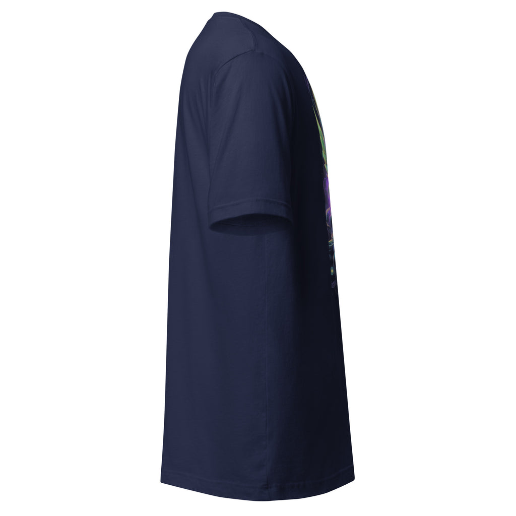 Side view of navy blue alien art streetwear shirt by LuckeLadybug with short sleeves