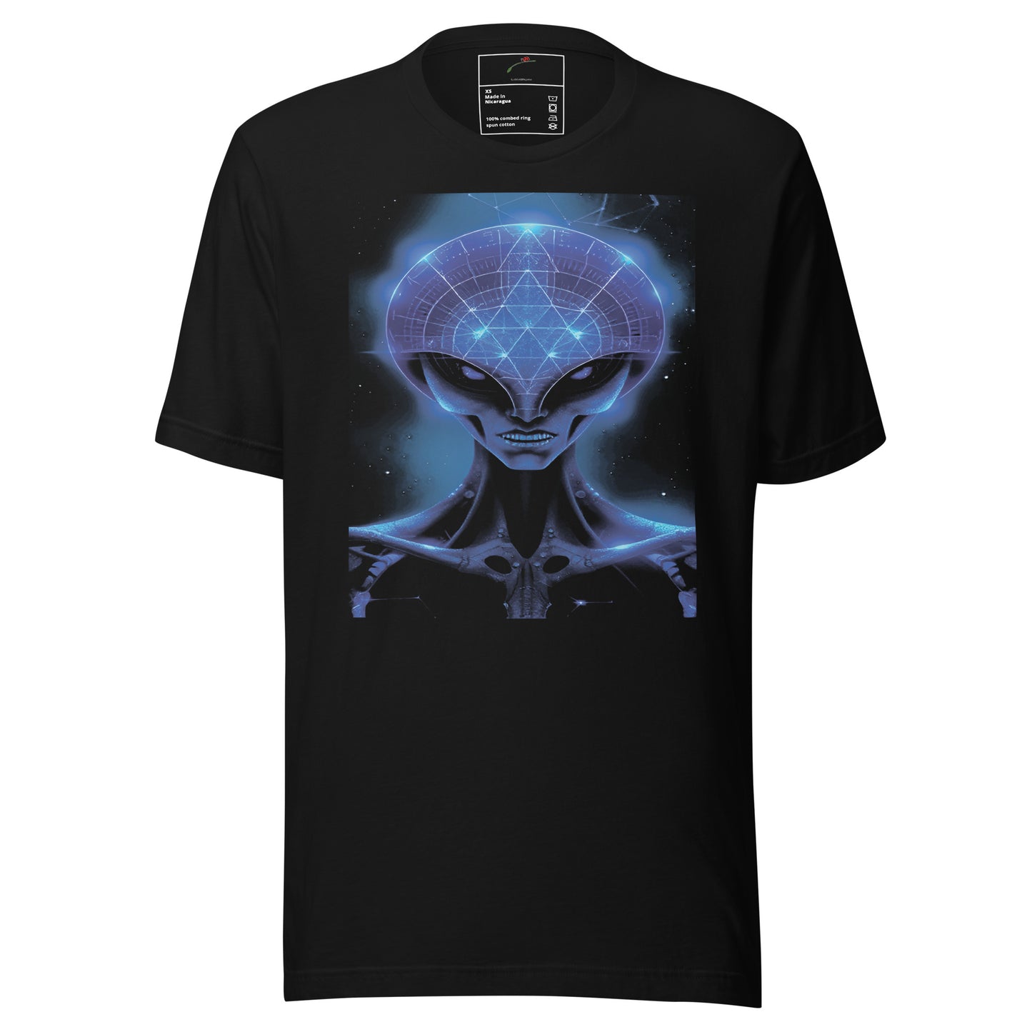LuckeLadybug black alien graphic men’s t-shirt with glowing blue geometric alien head print