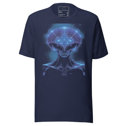 LuckeLadybug navy cotton tee with glowing blue alien head and geometric grid print for sci fi fans alien graphic men’s t-shirt