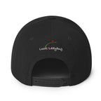 Back view of LuckeLadybug black snapback hat with adjustable strap and embroidered logo alien head streetwear cap