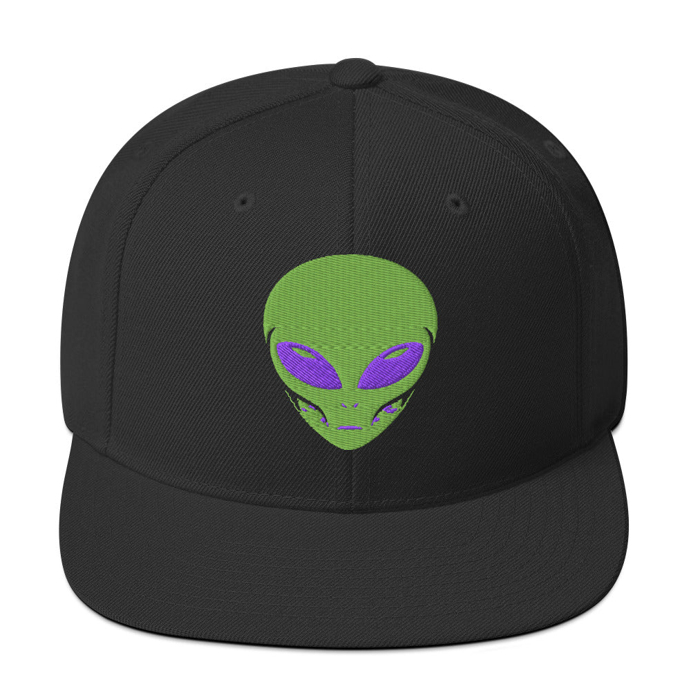 LuckeLadybug black snapback hat featuring a green alien head streetwear cap with purple eyes