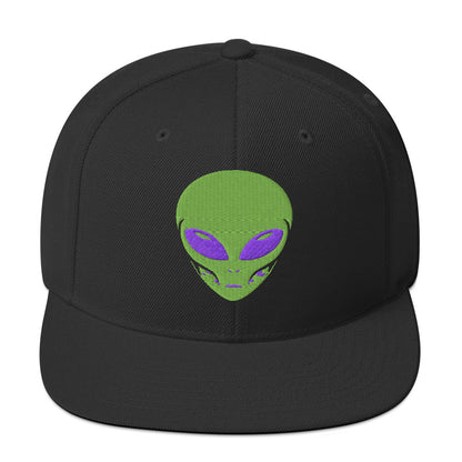 LuckeLadybug black snapback hat featuring a green alien head streetwear cap with purple eyes