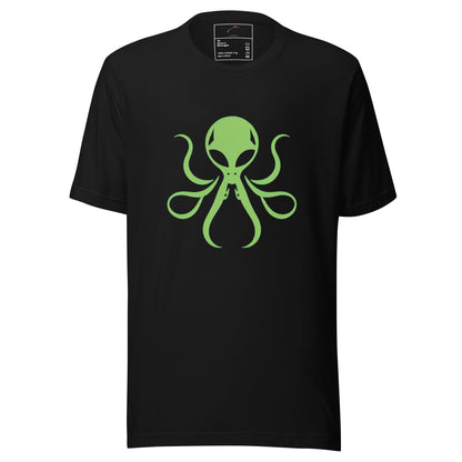 LuckeLadybug black cotton alien octopus t-shirt with neon green alien octopus graphic on front