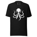 LuckeLadybug alien octopus t-shirt black crew neck with white alien octopus graphic casual unisex tee