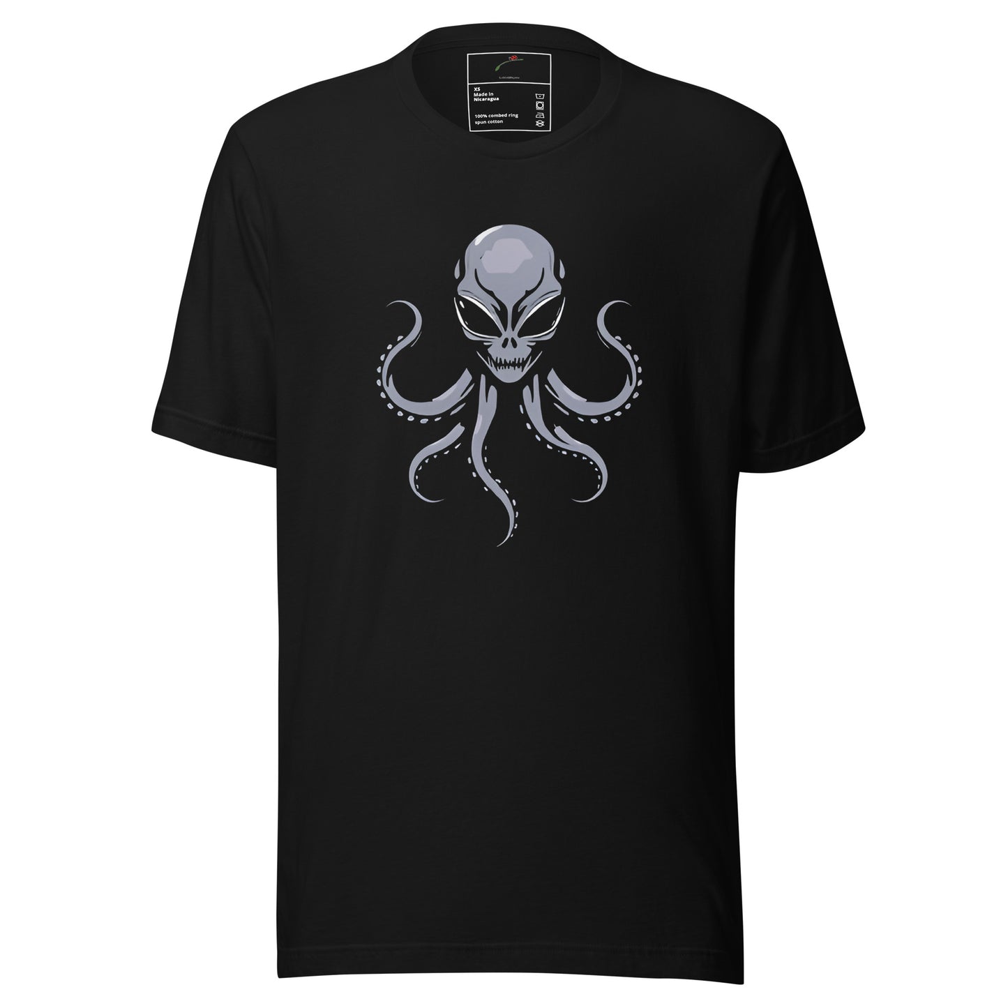 LuckeLadybug black cotton short sleeve alien octopus t-shirt for men with gray skull octopus graphic