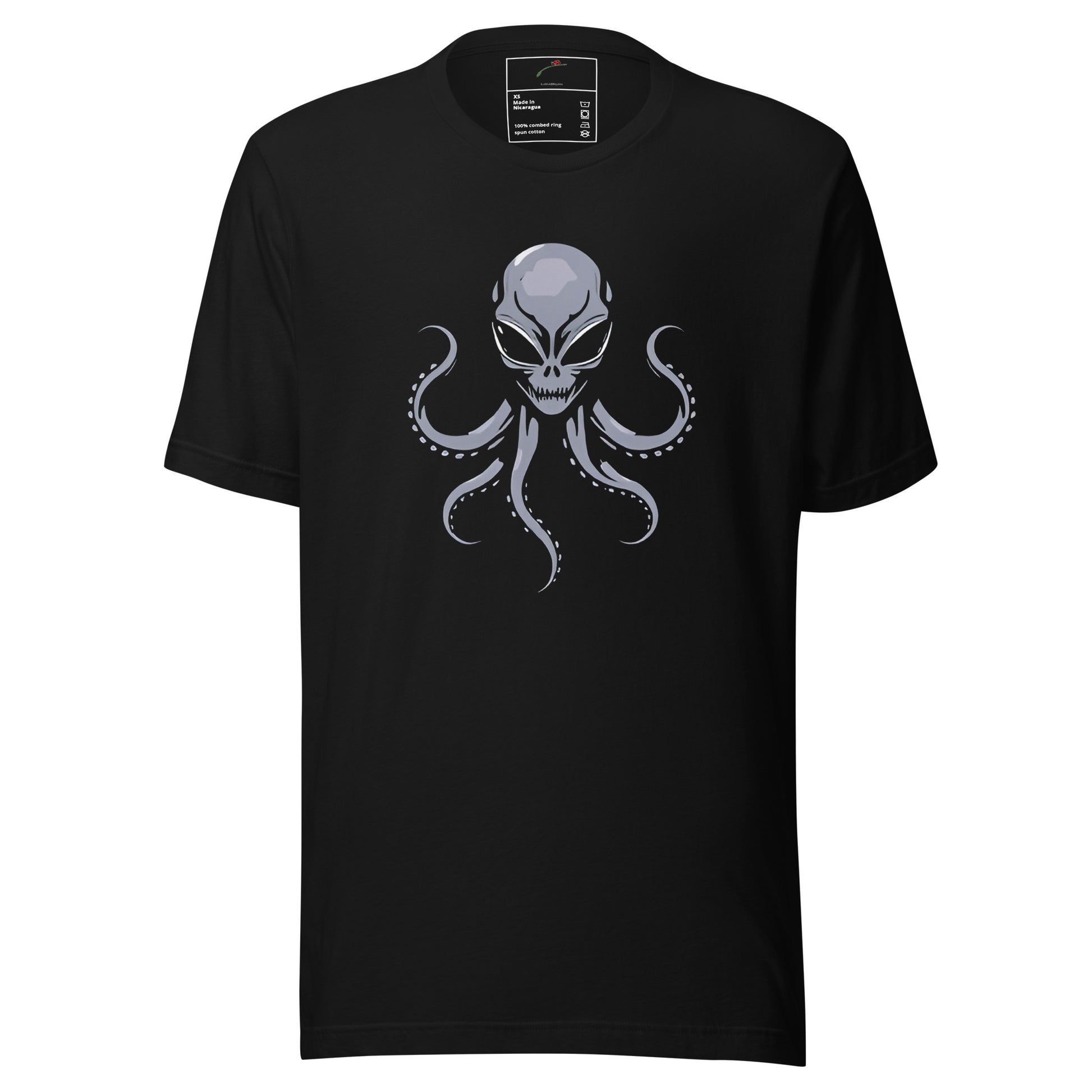 LuckeLadybug black cotton short sleeve alien octopus t-shirt for men with gray skull octopus graphic