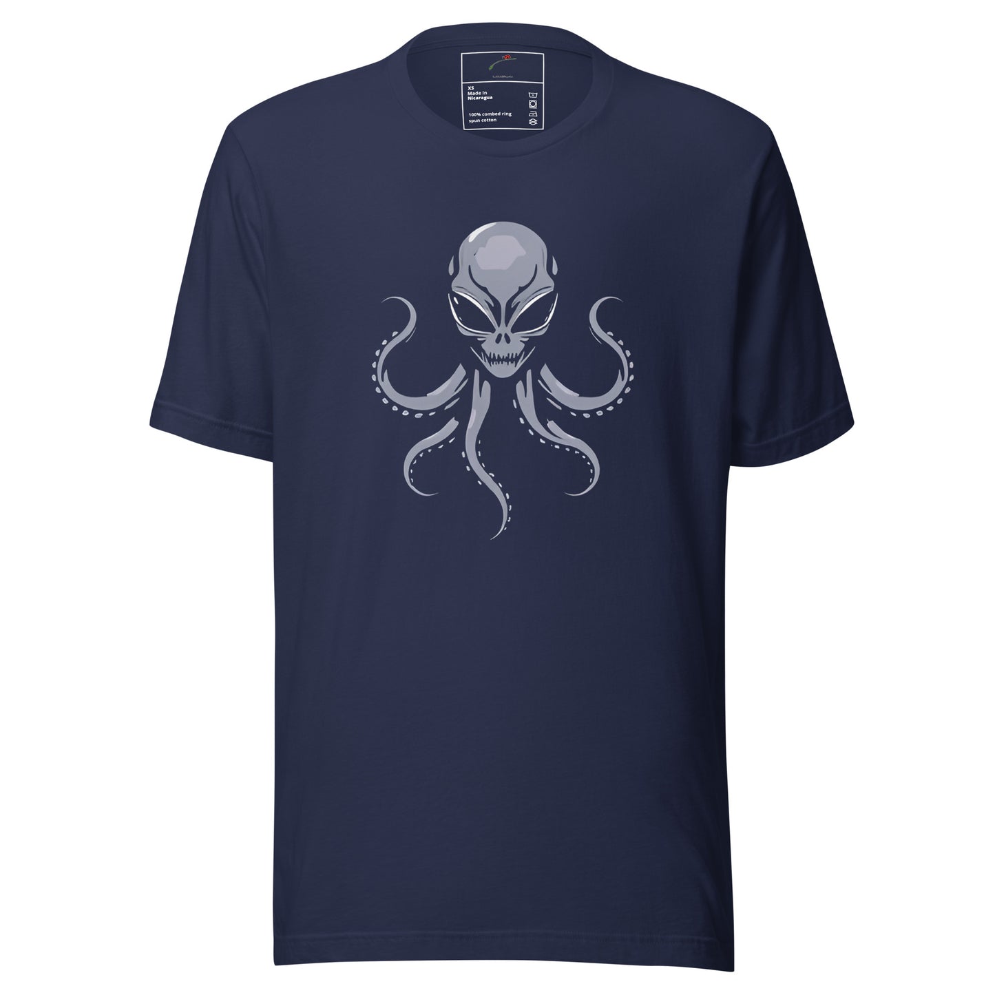LuckeLadybug navy cotton t shirt with gray alien head and octopus tentacles graphic alien octopus t-shirt for men