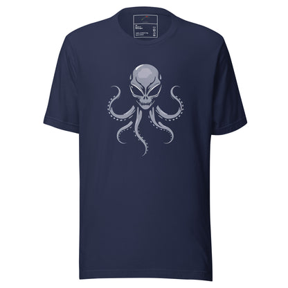 LuckeLadybug navy cotton t shirt with gray alien head and octopus tentacles graphic alien octopus t-shirt for men
