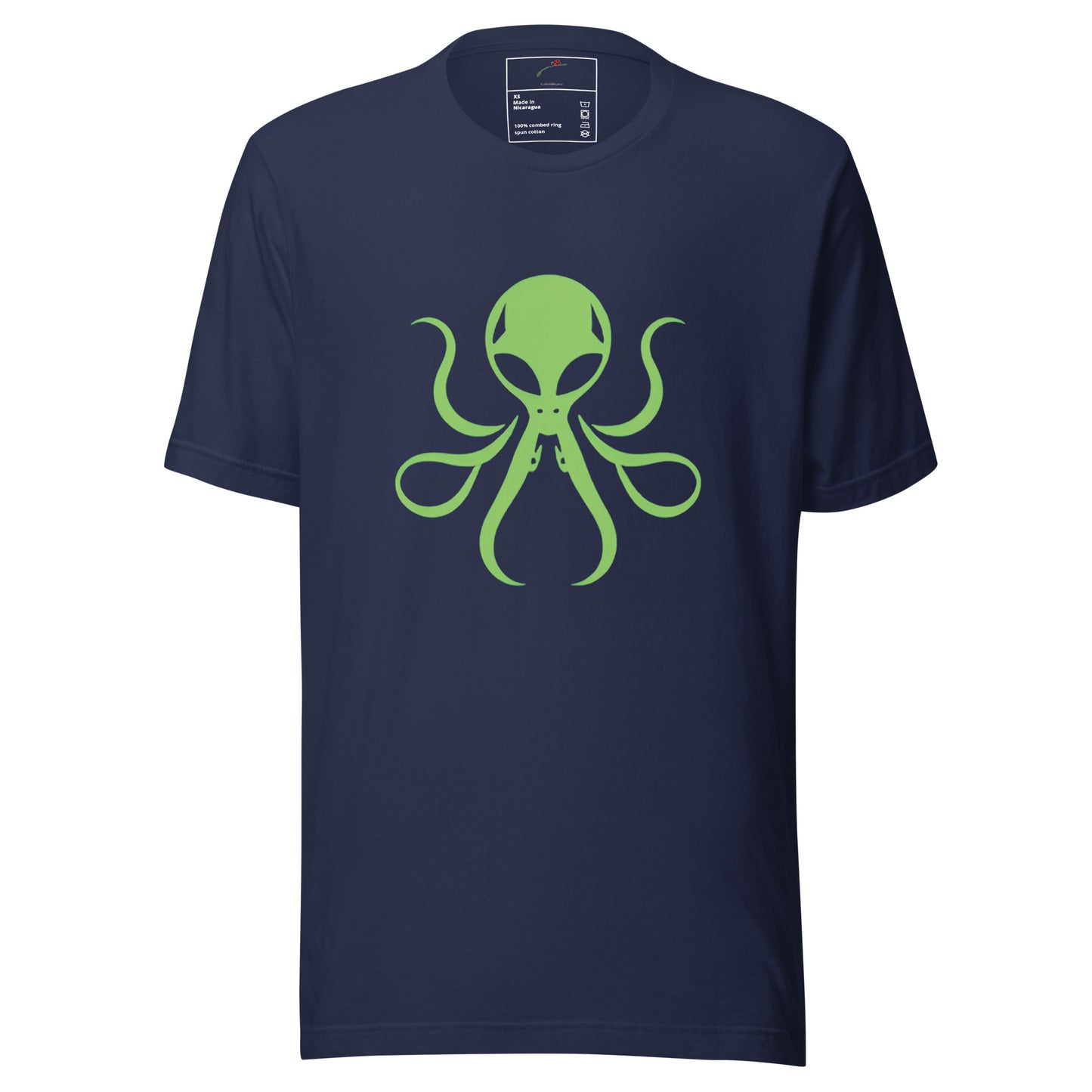 LuckeLadybug navy T shirt with bright green alien octopus graphic centered on chest alien octopus t-shirt