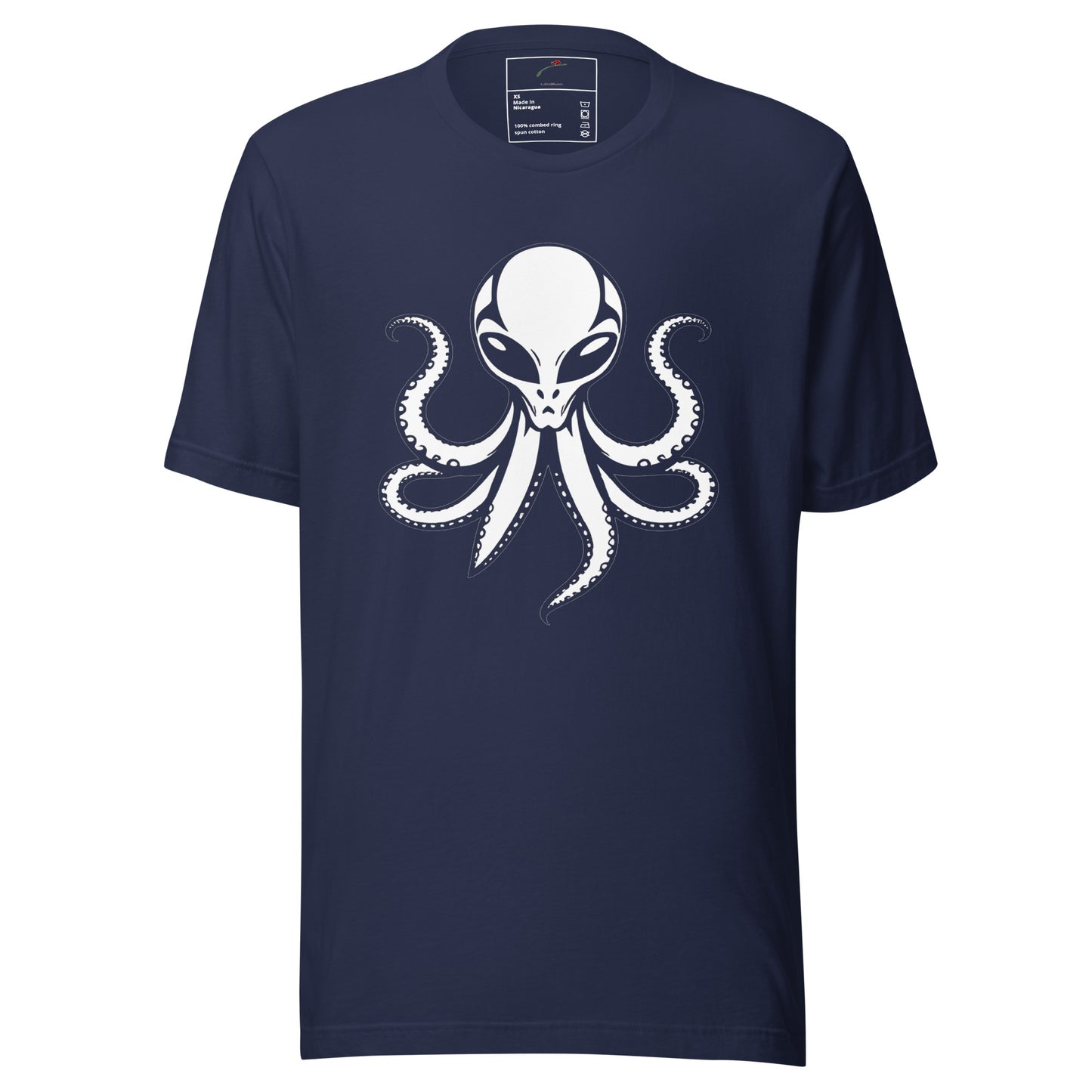 LuckeLadybug navy crewneck alien octopus t-shirt with white stylized alien octopus graphic on front