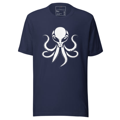 LuckeLadybug navy crewneck alien octopus t-shirt with white stylized alien octopus graphic on front